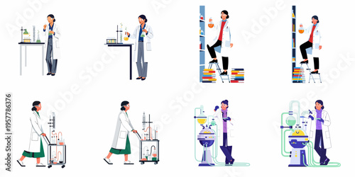 Vector illustrations of female scientists in lab coats conducting experiments with chemical equipment, flasks, and test tubes in a laboratory setting.