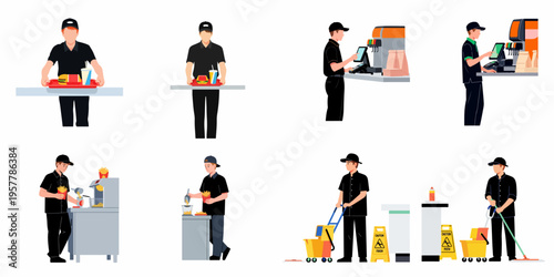 Flat vector illustration set of fast food restaurant employees performing various duties like serving food, taking orders, preparing fries, and cleaning.