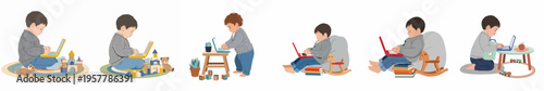 Collection of flat illustrations showing young children using laptops for e-learning and play, surrounded by toys on a white background.