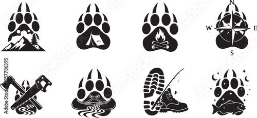 Black and white bear paw prints with various objects