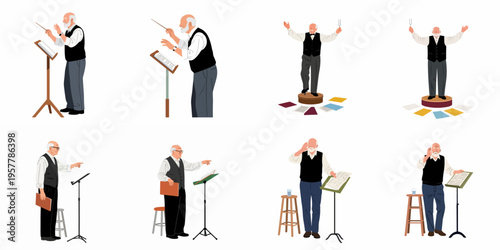 Flat illustration set of an elderly male conductor in different poses and actions during a rehearsal or performance.
