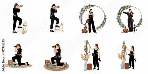 Set of Flat Vector Illustrations Featuring a Professional Female Wedding Photographer with Camera Gear at Various Ceremony Locations