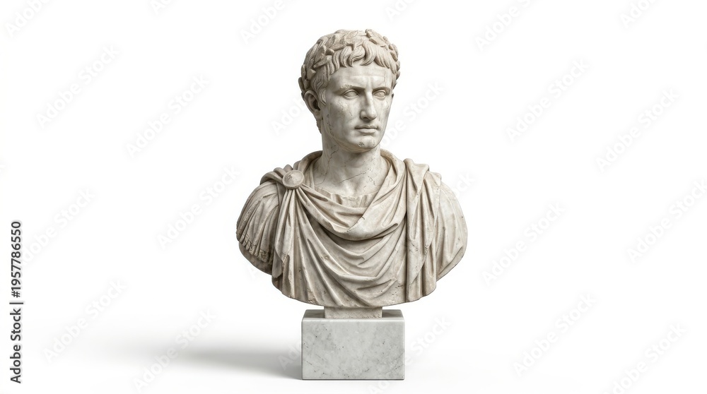 Obraz premium Ancient roman emperor marble bust statue with laurel wreath, a classic sculpture against a clean white background.