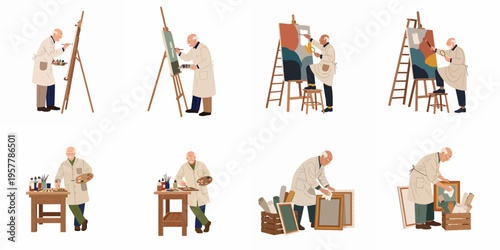 Illustration collection of an elderly artist working in his studio, painting on canvases, using palettes, and managing his art collection.