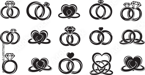 Collection of wedding ring and heart symbols in black
