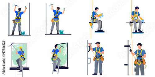 Collection of professional window cleaners in safety harnesses working at heights on buildings, flat vector illustration set.