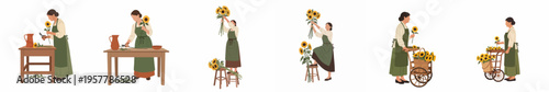 Set of flat illustrations of a female florist arranging and moving sunflowers in a rustic workshop setting, isolated on white background.