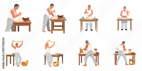 Set of illustrations depicting a baker kneading, stretching, and preparing bread dough on a wooden table in various poses.