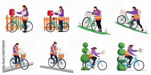 Flat Vector Illustration Set of a Female Newspaper Delivery Person on a Bicycle Performing Various Tasks in a Suburban Neighborhood Environment.