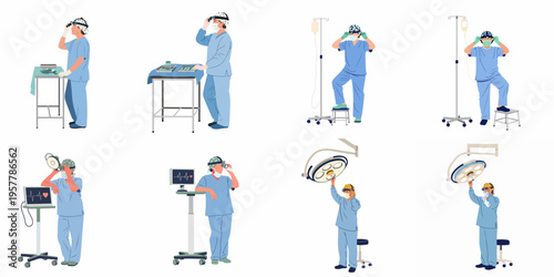 Set of flat vector illustrations featuring surgeons in blue scrubs performing various tasks with medical equipment in an operating room environment.