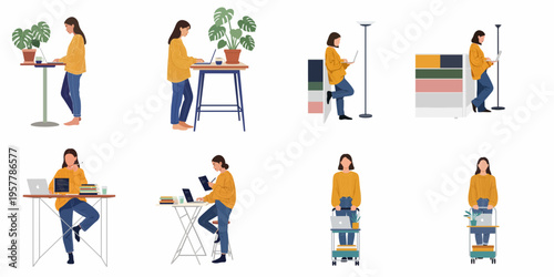 Flat illustration set of a young woman working on her laptop in various positions and modern office environments.