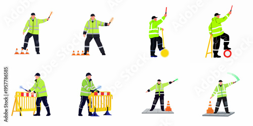 Set of flat illustrations of traffic controllers in high-visibility safety vests directing road traffic using various tools like wands and cones.