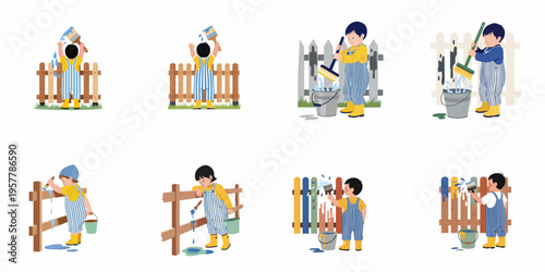Collection of illustrations showing a young boy in striped overalls painting and cleaning a wooden fence with brushes and buckets on white background.