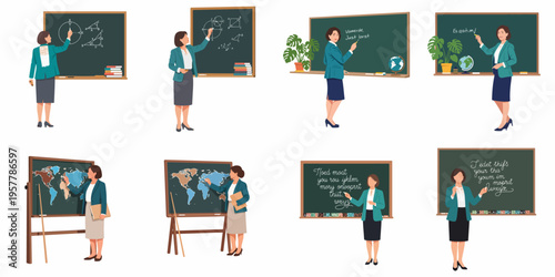 Flat illustration set of a female teacher in various classroom poses teaching math, geography, and language on a chalkboard.