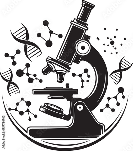Microscope with DNA molecules and chemical structures illustration