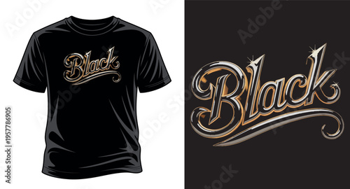Black script typography with gold and chrome glossy text effect on black t shirt mockup vector art print templet