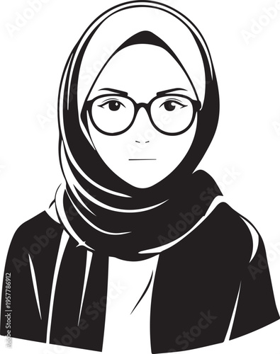 Hand Drawn Woman Wearing Hijab Black and White Avatar Illustration in Minimal Solid Art Style Design