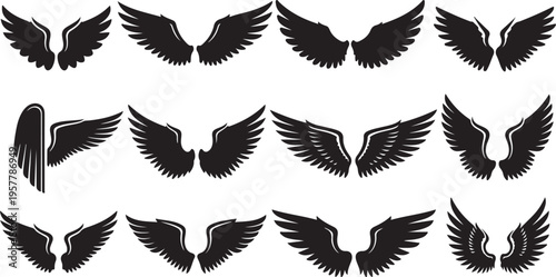 Collection of black wing silhouettes on white background