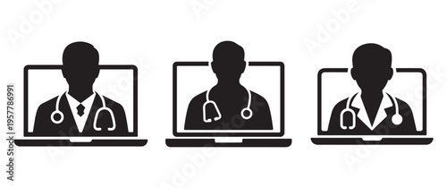 Three doctors appear on laptop screens representing a telehealth or virtual healthcare consultation high quality professional