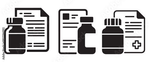 A set of three black glyph icons depicting prescription bottles alongside medical documents or forms