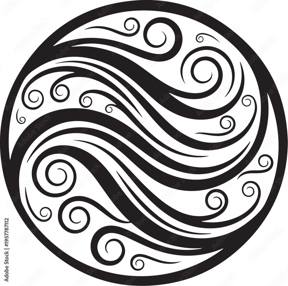 Fototapeta premium Black and white swirling circular abstract design element symbol