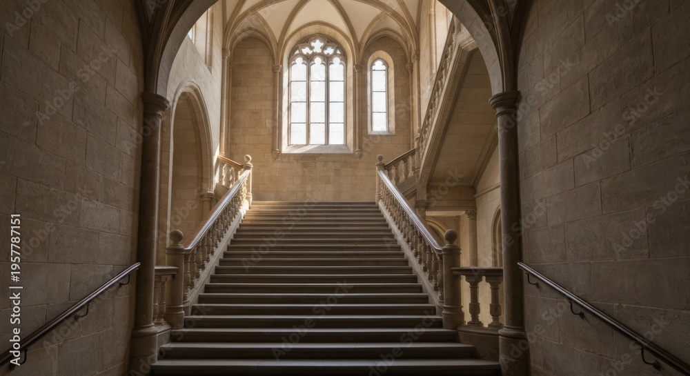 Obraz premium Stone stairway in a historic hall. Sunlight streams through arched windows