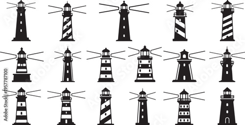 Collection of various black and white lighthouse silhouettes illustration