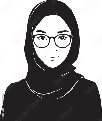 Hand Drawn Woman Wearing Hijab Black and White Avatar Illustration in Minimal Solid Art Style Design