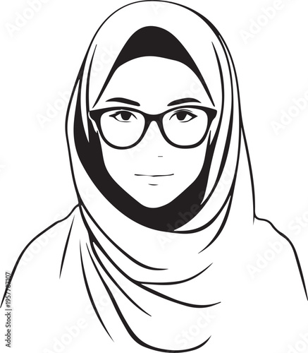 Hand Drawn Woman Wearing Hijab Black and White Avatar Illustration in Minimal Solid Art Style Design