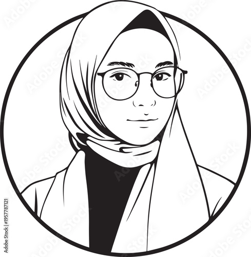 Hand Drawn Woman Wearing Hijab Black and White Avatar Illustration in Minimal Solid Art Style Design