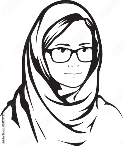 Hand Drawn Woman Wearing Hijab Black and White Avatar Illustration in Minimal Solid Art Style Design