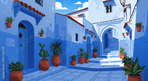 charming blue alleyway vector illustration with potted plants and traditional architecture