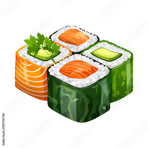 Vector Illustration of Assorted Sushi Rolls Set - Salmon and Avocado