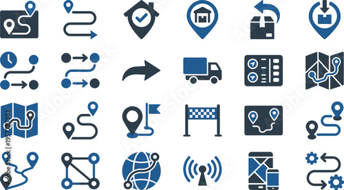 A comprehensive collection of navigation, location, and logistics icons, designed for modern tracking and delivery systems.