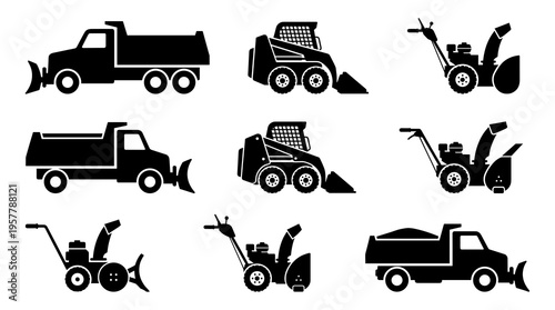 Heavy snow plow vector silhouette set. Black icons of winter maintenance vehicles, municipal dump trucks, skid steer loaders, and walk behind snowblowers for road clearance.