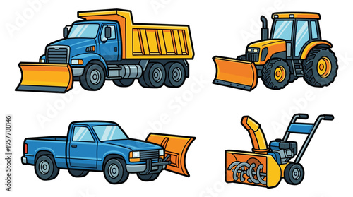 Colorful snow plow vector set. Winter road maintenance equipment featuring heavy dump truck, 4x4 pickup, agricultural tractor with front blade, and snowblower machinery.