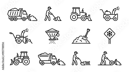 Outline Icon Set for Snow Removal and Winter Maintenance, Vector Snow Plows, Blowers, Spreaders, Shovels, Workers, Snowflake Warning Sign, Equipment Illustrations, Clear Roads.