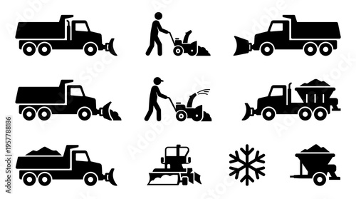 Black Silhouette Snow Plow and Salt Spreader Icon Set, Winter Road Maintenance Vector Icons, Various Plow Truck Configurations, Snowblower, Shovel, Tractor, Snowflake, Flat Design.