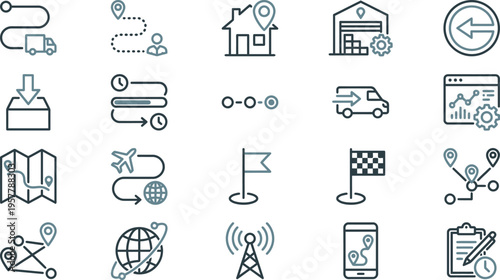 A comprehensive set of logistic and delivery tracking icons, illustrating routes, locations, and important shipping processes.