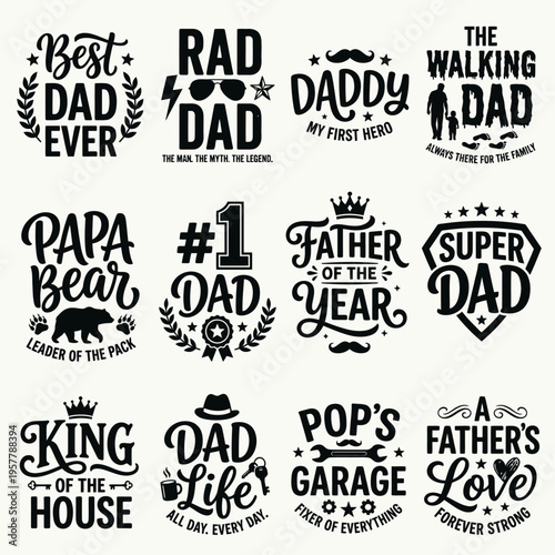 Best Dad Typography Bundle Black White Vector Design for Fathers Day Prints