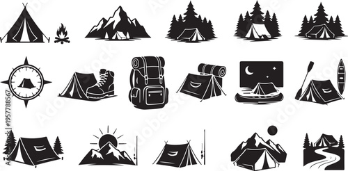 Camping icons and symbols for outdoor adventure travel guides