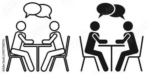 Two sets of figures seated at tables engaging in conversation