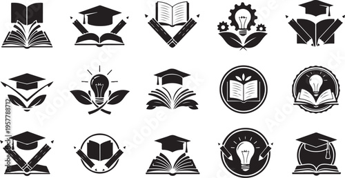 Education icons set with graduation caps and books symbols
