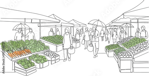 farmers market illustration, people shopping for fresh produce