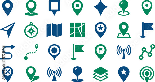 Collection of blue and green navigation icons representing location markers, maps, and routing signals