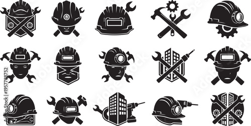 Construction worker safety icons with helmets and tools symbols