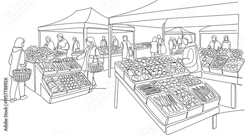 outdoor market stalls with fresh produce