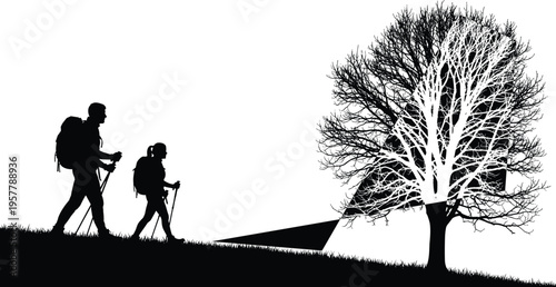 Silhouette hikers exploring nature with backpacks and flashlight discovering hidden cabin inside tree branches representing adventure, mystery, exploration, and discovery