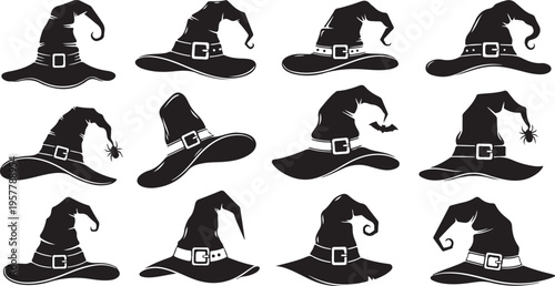 Collection of black witch hats in various positions isolated