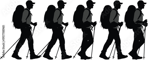 Silhouette sequence of hiker walking with backpack and trekking poles, outdoor adventure hiking motion cycle illustration for animation and design